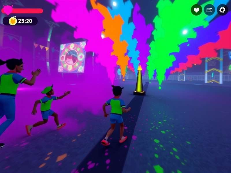 Glowing Holi Parade gameplay screenshot showing colorful festival celebration